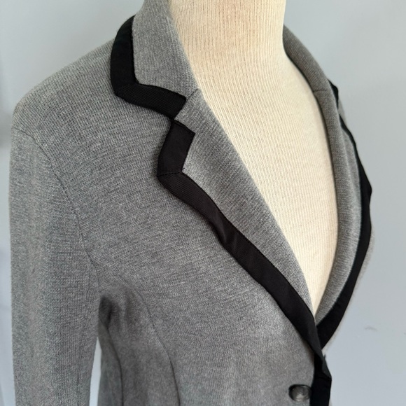 LOFT gray cotton tipped cardigan sweater with blazer look, heather gray & black - Picture 2 of 13